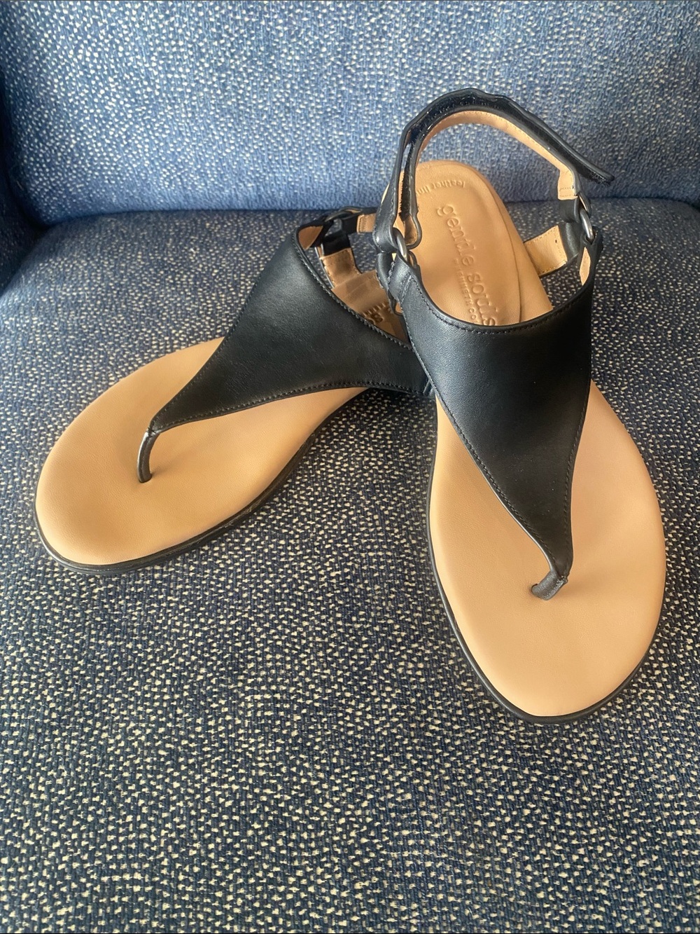 gentle souls Black Leather Thong Sandals with Tan Footbed and Ankle Strap